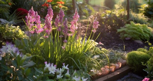 színes évelő ágyás a kertben