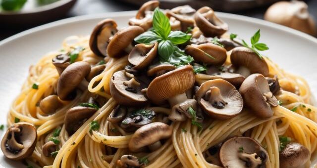 gombás spagetti tányéron